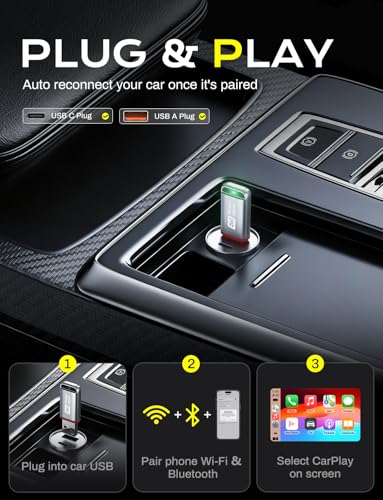 2-in-1 Wireless CarPlay Adapter 2026 Support Apple CarPlay & Android Auto, Fast Auto-Connect, No Latency, Mini Bluetooth Dongle Convert Wired to Wireless Compatible with iPhone & Android Silver U3