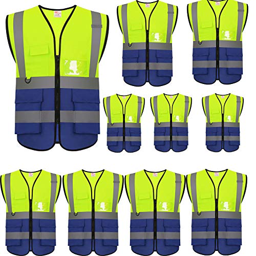 zojo High Visibility Safety Vests With Pockets, Pack of 10,Wholesale Reflective Vest for Outdoor Works, Cycling, Jogging, Walking,Sports - Fits for Men and Women (2XL-Mix Yellow & Blue) - color: 10pcs-2xl-mix Yellow & Blue, size: X-Large-XX-Large