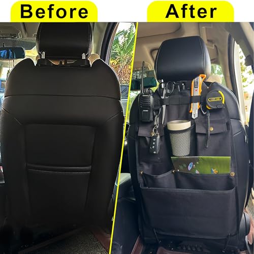 Black Car Seat Back Organizer with Multiple Pockets and Hooks - color: black