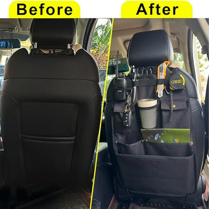 Black Car Seat Back Organizer with Multiple Pockets and Hooks - color: black