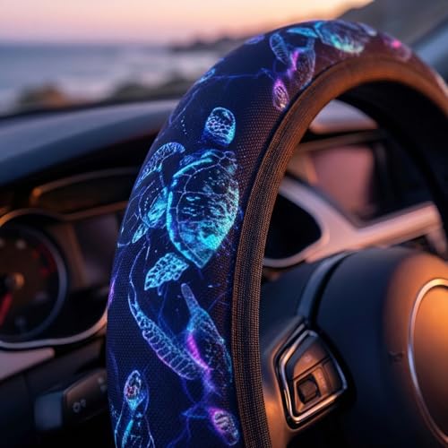 Sea Turtle Steering Wheel Cover - Bule Anti-Slip Breathable Universal 14-15 Inch Car Wheel Cover with 2 Matching Coasters Set for Men Women,Soft Comfort Grip Accessories - color: Sea Turtle