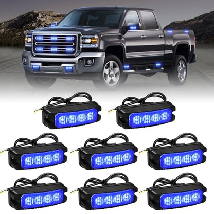 XRIDONSEN 8PCS Sync Blue Grill Emergency Lights 32 LED Grille Surface Mount Firefighter Police Lights Strobe Flashing Warning Safety Hazard First Responder Light for Vehicles Firefighters POV Trucks - color: Blue