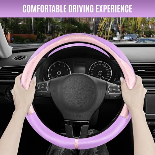 PIC AUTO Steering Wheel Cover, Pink Patterned & Light Purple Leather Patchwork Design, Universal Fit 14.5"–15.5", Anti-Slip, Soft PU Grain Leather, Durable Grip Car Accessory for Girls & Women - color: Pink & Light Purple
