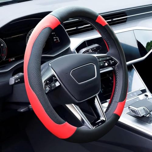 Black and Red Steering Wheel Cover Microfiber Leather Sporty Car Accessories for Men and Women,Breathable Non-Slip Universal Fit 14 1/2-15 Inch - color: Black+Red