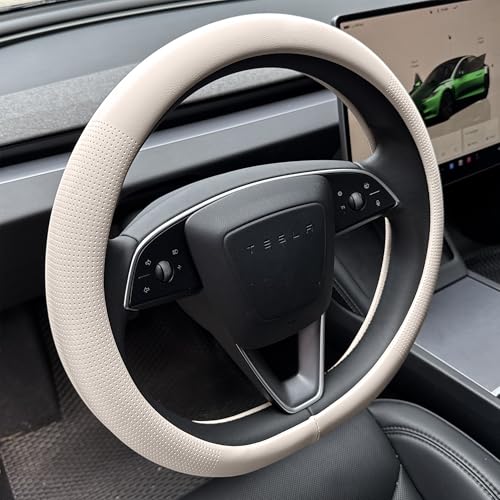 PINCTROT Nappa Leather Steering Wheel Cover for Tesla Model Y/3 Highland/Juniper, D Shaped 14 Inch Small Sized with Breathable Perforation, Fit Like Gloves, Flat Bottom 14 Inch(Nappa Beige) - color: 06.Beige, size: Small D Shaped/Flat Bottom[14''-14 1/4''