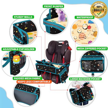 Car Seat Tray for Toddler - Waterproof Carseat Table Top - Kids Travel Tray - Travel and Road Trip Essentials Kids - Lap Desk with Storage -Baby Airplane Travel Accessories (Black) - color: SPACE