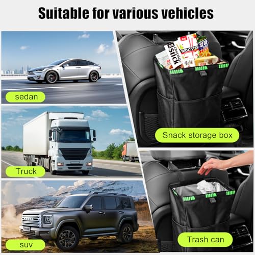 Hanging Car Trash Can with Lid and Storage Pockets Portable Leakproof Vehicle Trash Bag for Car Trips Commuters(Black)
