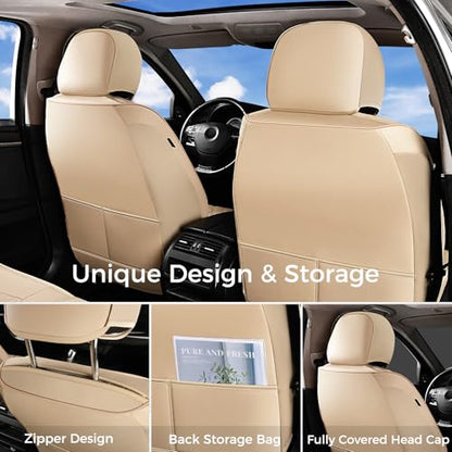 Huidasource Beige Seat Covers, Nappa Leather Car Seat Covers, Velcro Adjustable, Compatible with Airbags, Armrests, Child Seat, Universal Fit for Most Cars, Vans, Trucks, SUVs (Full Set/Beige) - color: 01FS# Beige01, size: 5pcs Full Set