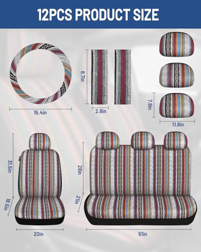 Baja Saddle Blanket Car Seat Covers Front Set with Seat Belt Pads, Washable Breathable Striped Woven Cloth Seat Covers for Cars, SUV, Truck, Airbag Compatible(Red) - color: Red, size: Front Set