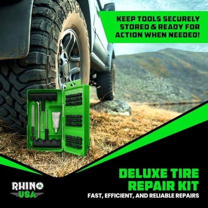 Rhino USA Compact Tire Repair Kit (14-Piece) – Heavy Duty Plug Set with Included Lubricant to Fix Punctures and Seal Flats – Tubeless Tool for Car, Motorcycle, ATV, UTV, RV & Trailer - size: 14 Piece Set