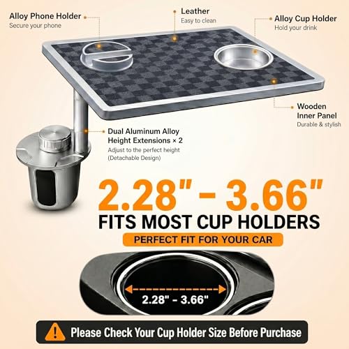 Car Food Tray & Car Table Tray with Car-Grade Aluminum Cup Holder & Phone Stand,360° Rotating Car Desk for Laptop & Eating, Compatible with Tesla Model Y/3/S, Best Fit Round Cup Holder (2.28" - 3.66") - color: 𝗦𝗾𝘂𝗮𝗿𝗲 · Grey&Black