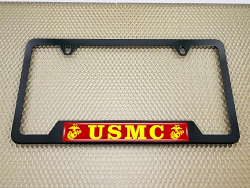 [Officially Licensed Product] - Stainless Steel Matte Black CAR 2-Hole Standard Size - Domed Custom-Made Corrosion-Resistant License Plate Frame with USMC Semper Fi, EGA Logo & Free caps - (Qty: 1) - size: USMC - EGA logo