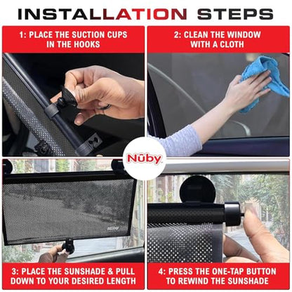 Nuby 14" Roller Vehicle Side Window Sun Protection Shade for Baby | 2 Pack | Pull Down with Suction Cups and Press Button Roll Up | Black - style: Roll Down