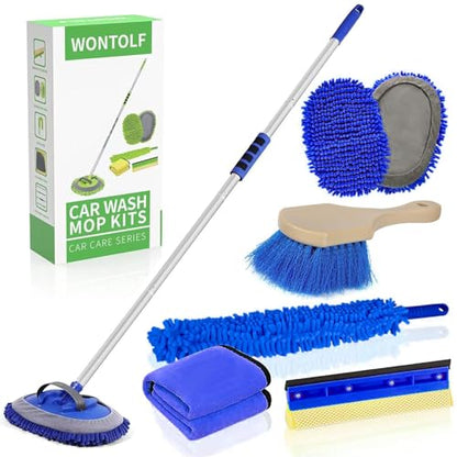 Wontolf 62'' Car Wash Brush With Long Handle - Chenille Microfiber Mop Mitt, Cleaning Kit, Windshield Window Squeegee, Duster, Microfiber Towels, Wheel Tire Brush for Cars, RV, Truck, Boat - color: Blue