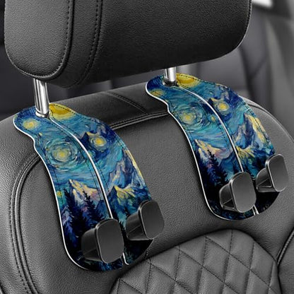 WOCOCN 2 Pack Car Purse Hook for Car Seat Headrest, Double-Sided PrintingPU Leather Purse Holder with Metal Hook, Cute Car Accessories for Women, Men (Car hook - Starry Sky Mountain A) - color: Car hook - Starry Sky Mountain A