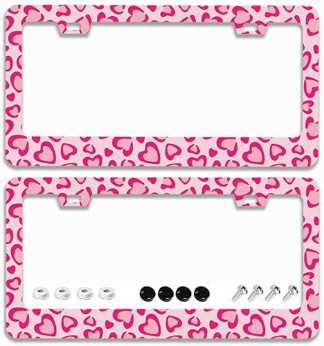 2 Pcs Pink Leopard Print License Plate Frames - 2 Holes Stainless Steel Metal Auto Car Accessories Decoration License Plate Frame Cover Size 6.3" x 12.2" Fit US Vehicles for Women Men Gift - color: Pink Leopard Print