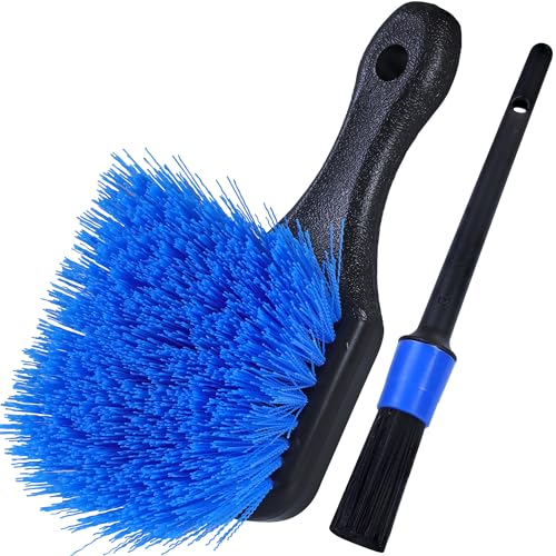 TAKAVU Wheel Tire Brush - Stiff Bristle with Short Handle, Included Detailing Brush - Car Cleaning Kit for Rims, Tires, Interior Vents, Emblems - Scratch Safe (Blue) - color: Blue