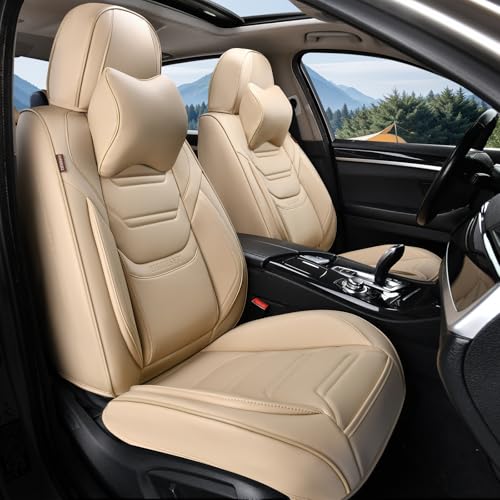 TIEHESYT Leather Seat Covers Front Pair with Lumbar Support and Headrest, Breathable and Waterproof Car Seat Cover, Universal Seat Covers for Cars, Trucks, SUVs, Airbag Compatible, Beige - color: Faddish Beige, size: Front Pair