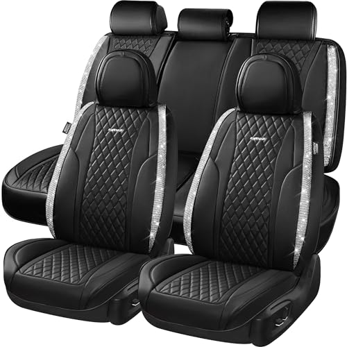 CAR PASS Bling Leather Car Seat Covers & Black Nappa Leather Calfskin Seat Cushioned Protector, Waterproof Anti-Slip Universal Fit SUV Truck Sedan, Glitter Sparkly Shining Rhinestone, Silver Diamond - color: Black and Silver Diamond, size: Full Set