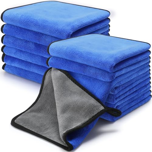 Tallew 12 Pcs Microfiber Towels for Cars, 800 GSM Plush Drying Cleaning Cloth Bulk, 16 x 16 Inch Thick Absorbent Wash Detailing Towels for Car Polishing, House, Kitchen Cleaning(Gray and Blue) - color: Gray and Blue