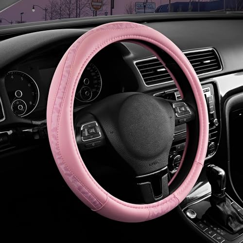 Road Comforts Steering Wheel Cover - Made with PVC Leather and Leopard Fabric - Universal 14 1/2 inches to 15 inches for Most Automotive Steering Wheel - Cheetah Print - All Pink - color: Round-All Pink