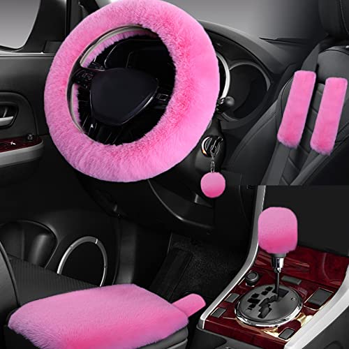 7PCS Set car Interior Aesthetic Accessories, Fluffy 15 inch Steering Wheel Cover, armrest pad, seat Belt Cover,Gear Shift Cover, Fit Girly car Accessories for Women. - color: Pink