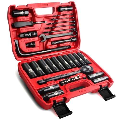 LLNDEI 1/2" Dr. Ratchet Impact Socket Wrench Set,Deep Sockets(8-24mm),Spark Plug Socket(16,21mm),49PCS, CR-V, Metric, With Combination Wrenches (8-17mm) - size: 49-Piece 1/2" Drive Socket Set