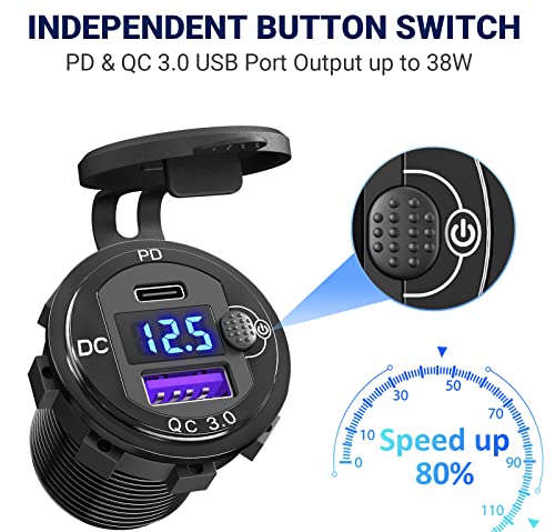 Cigarette Lighter Socket 12 Volt USB Outlet: PD 20W C and QC3.0 Car Port Aluminum Metal 12V Plug, 150W Charger Panel with Power Switch LED Voltmeter for Marine Boat RV Golf Cart - color: 2 in 1 - voltmeter