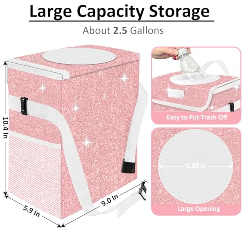 Cute Mini Car Trash Bag with Lid, Glitter Garbage Can Bin Hanging for Back/Front Seat/Console, Waterproof, Leakproof, 2.5 Gallon, Pink Bling Sparkly - color: Pink Bling Sparkly