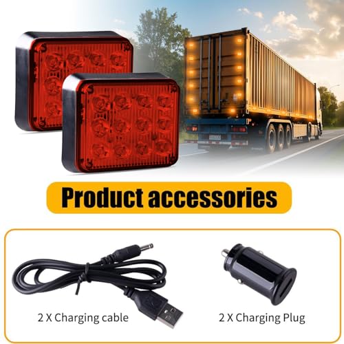 2PCS Amber LED Emergency Strobe Lights, Magnetic Strobe Flashing Beacon Lights Rechargeable Wireless Battery Powered 12-LED Caution Safety Warning Lights for Trucks Trailers Car Van ATV Tow - color: Amber