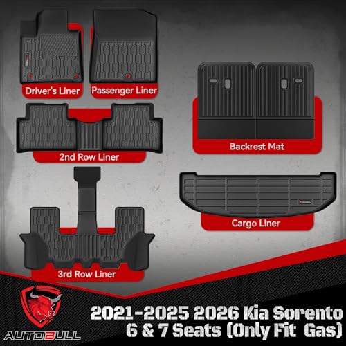 Floor Mats & Cargo Liner for 2021-2025 2026 Kia Sorento 6&7 Seats (not for Hybrid), Full Set All Weather Protection 1st,2nd,3rd Row Car Liners,Backrest Mat & Trunk Mat,Black - style: 2021-2025 2026 Kia Sorento 6&7 Seats (Fit Gas)