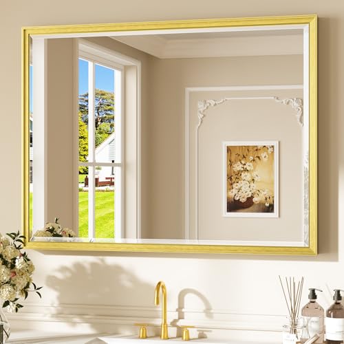 Keonjinn Gold Bathroom Mirror 40" x 30", Tempered Glass with Beveled Edge, Metal Framed, Rustproof, Brushed Gold Bathroom Vanity Mirror for Wall Decoration, Dining Room, Hallway(Vertical/Horizontal) - color: Gold, size: 30"L x 40"W