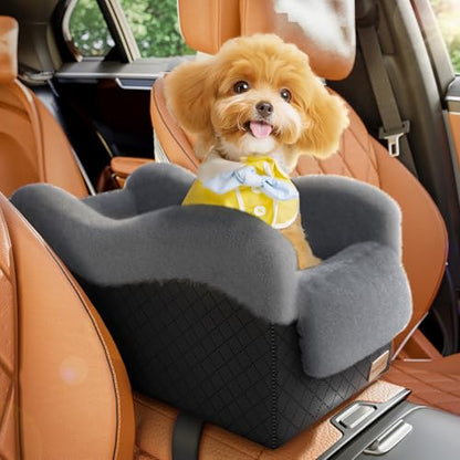 Portable Small Dog Seat for Car, Luxury Center Console Dog Car Seat Booster with Safety Tethers, Anti-Collapse Pet Travel Carseat for SUV, Truck (Black/Grey) - color: Black/Dark Gery