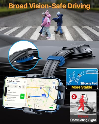 HTU Upgraded Strongest Suction Car Phone Holder Bendable Arm, Never Block View Rotatable Cellphone Mount for Dashboard Windshield Vent, Cradle Stand for iPhone 17 16 15 14 13 12 Pro Max (Light Blue) - color: Light Blue