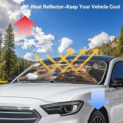 Windshield Sun Shade Sun Shield for Front Window Blocks UV Rays, Foldable Drive Highland Cow US Flag Sunshade Universal for Cars, Heat Reflector Keep Your Vehicle Cool, 2pcs - color: Drive Highland Cow US Flag