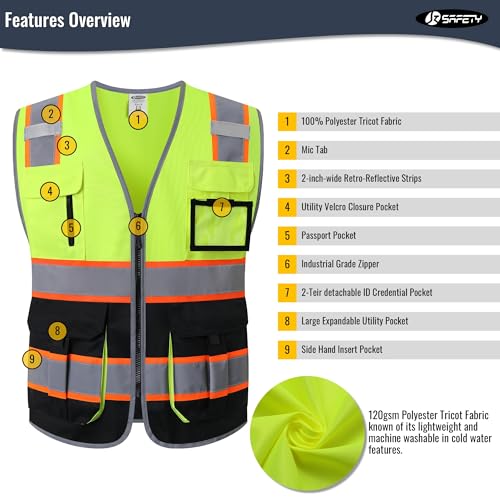 JKSafety 7 Pockets High Visibility Zipper Front Safety Vest With Reflective Strips.Meets ANSI/ISEA Standards(130-Yellow-Black M) - color: Yellow-black, size: Medium