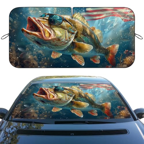 Bass Fish Car Windshield Sunshades American Flag Heatshield Front Window Car Sun Shade Windshield Blocks UV Rays Sun Visor Protector for Car Sedan Truck SUV Accessories 59" L x 31.5" W - color: Bass Fish