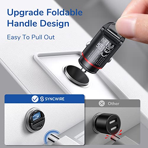 USB C Car Charger Syncwire 60W [PD 30W & QC 30W] USB Car Charger Adapter Fast Charging [Super Mini & All Metal] for iPhone, Samsung, Google Pixel, XiaoMi, Huawei, LG, iPad Road Trip Essentials - color: Black