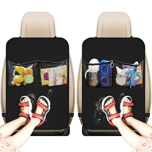 2 PCS Kick Mats with Organizer, Waterproof Auto Backseat Protector Oxford Kick Mat with 2 Mesh Pockets, Large Seat Back Covers Protect Against Kids Feet Dust Mud Scratches