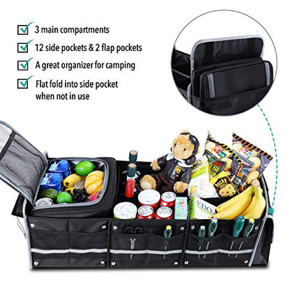 Farasla Waterproof Trunk Organizer with Insulated Leakproof Cooler Bag, Foldable Cover, Adjustable Securing Straps (Black) - color: Black
