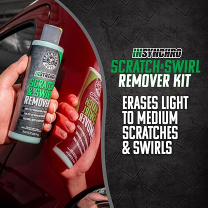 Chemical Guys Insynchro Scratch & Swirl Remover (8 oz) - Kit with Hex Logic Dual Sided Hand Polishing Pad and Monster Extreme Microfiber Towel for Paint Restoration and Gloss Enhancement