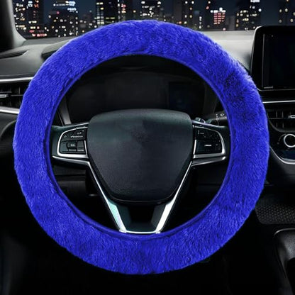 Furry Car Steering Wheel Cover, Fluffy Soft Warm Plush Non-Slip, 14 1/2-15 inch, for Women Girls, Blue - color: single cover - blue