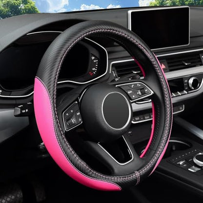 LABBYWAY Microfiber Leather Auto Car Steering Wheel Cover, Universal Fit 15 Inch Anti-Slip Wheel Protector, Pink - color: Fiber Pink