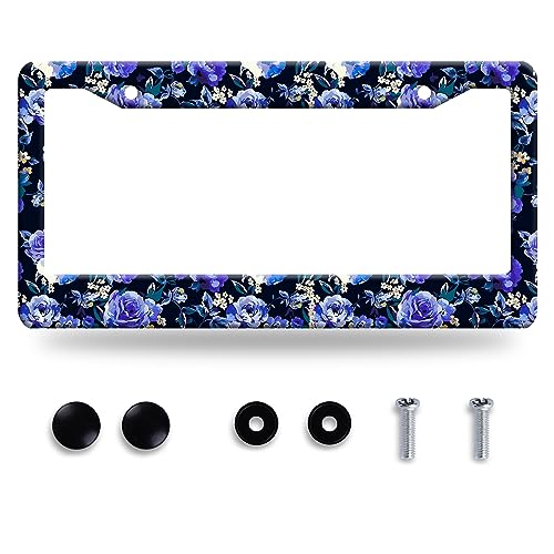 Blue Purple Roses License Plate Frame Beautiful Floral Flowers License Plate Stainless Steel Auto Parts Colorful License Plate Funny Decoration Holes Screw Size 12.3" x 6.3" - color: Blue Purple Roses Flowers