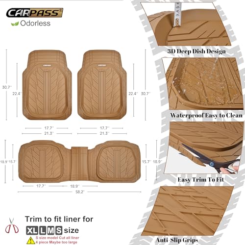 CAR PASS Tire Tread DeepDish Rubber Floor Mats for car Heavy Duty car mats All Weather, Universal XL~M Trim to Fit for Truck SUV Vehicle Automotive, Waterproof car mats 3 piece Solid Beige - color: All Beige