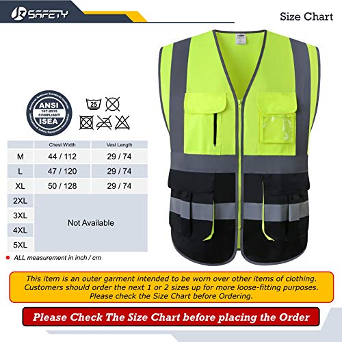 JKSafety 7 Pockets High Visibility Zipper Front Safety Vest With Reflective Strips.Meets ANSI/ISEA Standards (130-Yellow-Black XL) - color: Yellow-black, size: X-Large