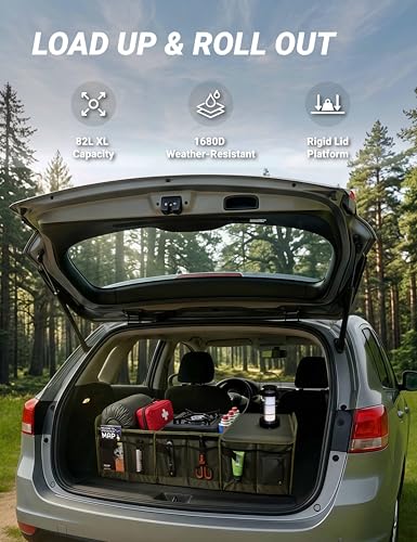 Heavy Duty Trunk Organizer with Lid for Car SUV-1680D Water-Resistant Fabric &3.5mm PP Skeleton,Collapsible Cargo Storage Box with No Sliding Metal Hooks,Fits Tesla,Truck,Sedan (XL Green - color: Moss Green