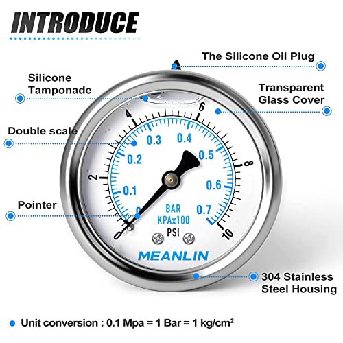 MEANLIN MEASURE 0~10Psi Stainless Steel 1/4" NPT 2.5" FACE DIAL Liquid Filled Pressure Gauge WOG Water Oil Air Center Back Mount, with 1/2" NPT and 3/8" NPT Hex Bushing - size: 0-10psi