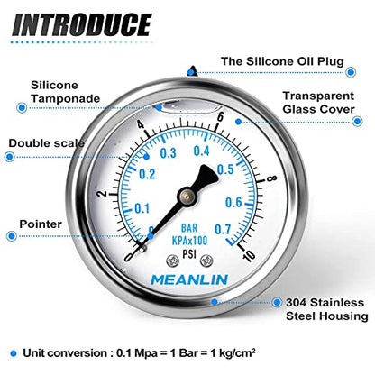 MEANLIN MEASURE 0~10Psi Stainless Steel 1/4" NPT 2.5" FACE DIAL Liquid Filled Pressure Gauge WOG Water Oil Air Center Back Mount, with 1/2" NPT and 3/8" NPT Hex Bushing - size: 0-10psi