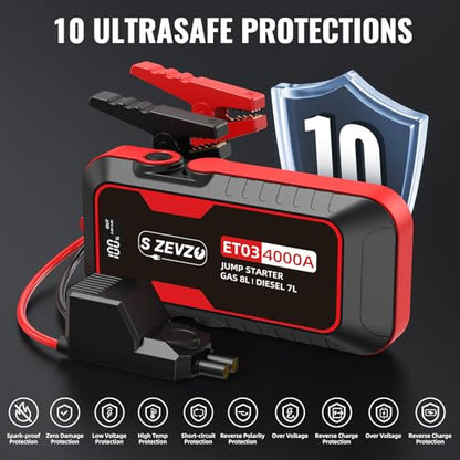 S ZEVZO ET03 Car Jump Starter 4000A Jump Starter Battery Pack for Up to 8.0L Gas and 7.0L Diesel Engines, 74Wh Portable 12V Jump Box with USB Ports, LCD Display, Storage Case, and LED Light
